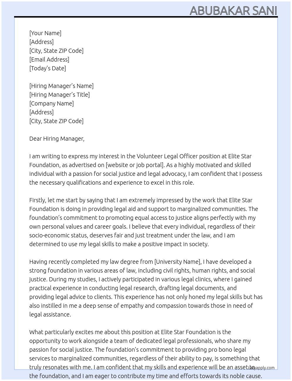 Volunteer Legal Officer At Elite Star Foundation Cover Letter