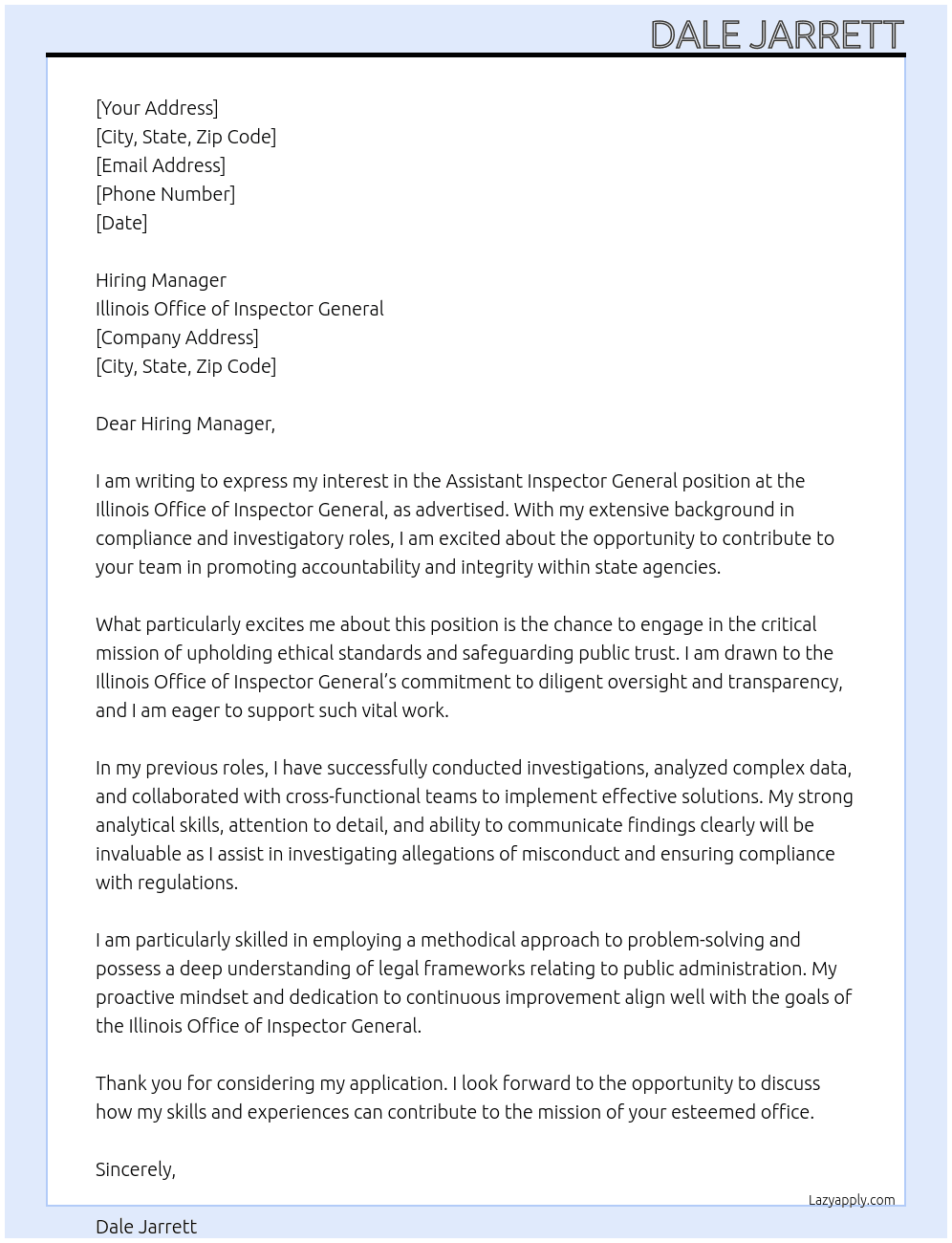 Assistant Inspector General At Illinois Office of Inspector General Cover Letter