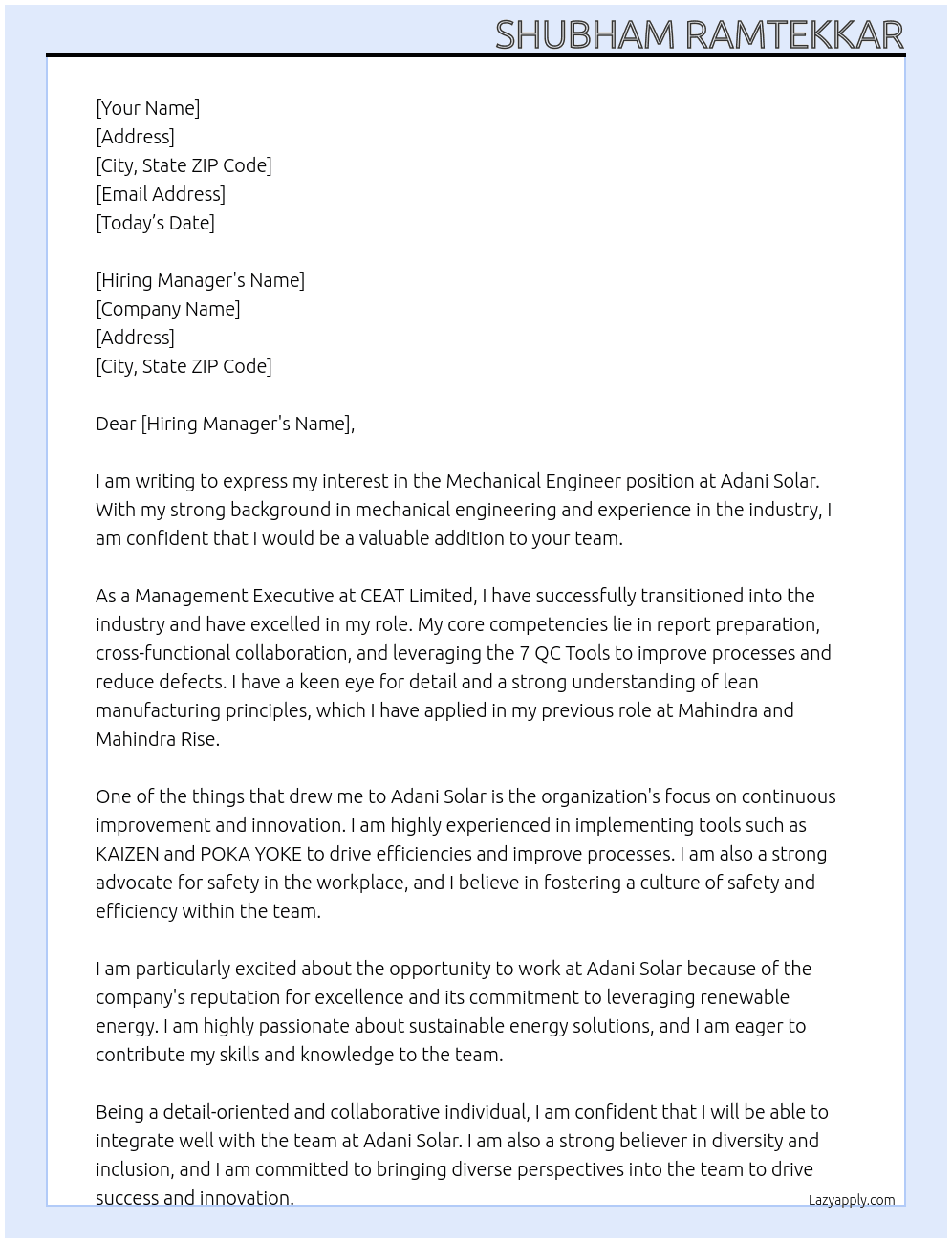 Mechanical engineer At Adani solar Cover Letter