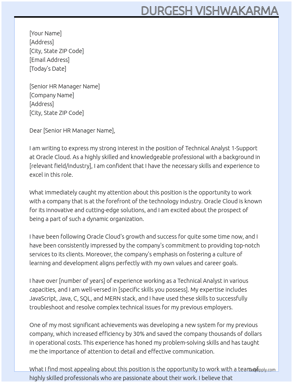 Technical Analyst 1-Support At orcle cloud Cover Letter