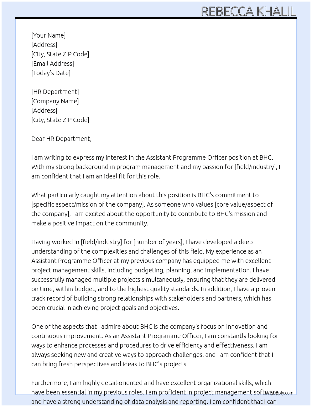  Assistant Programme Officer, CG-5, Grade- AO At BHC Cover Letter