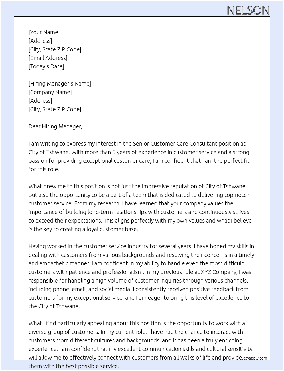 SENIOR CUSTOMER CARE CONSULTANT At City of Tshwane Cover Letter