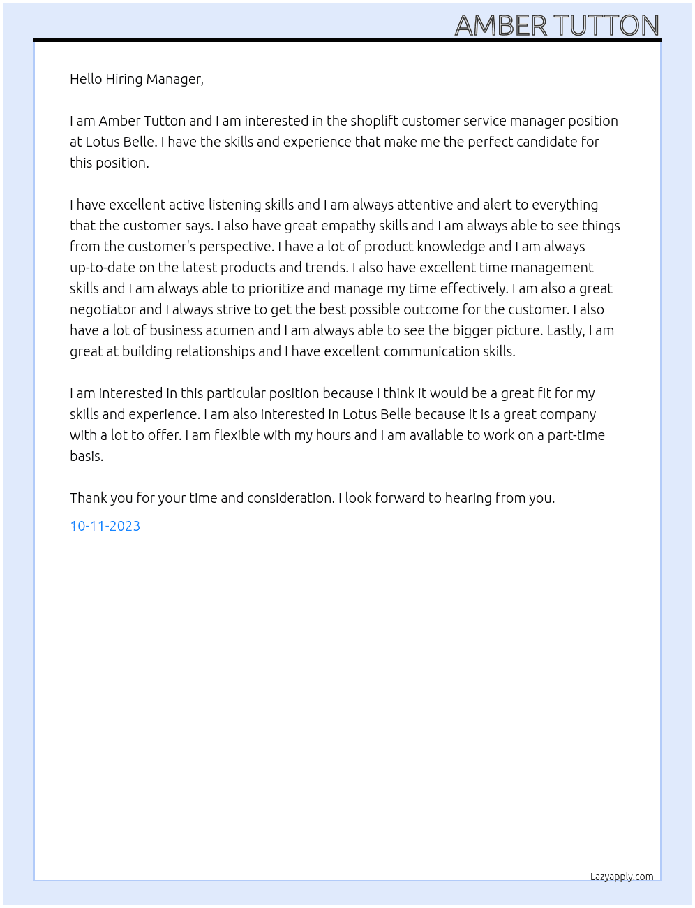 Shoplift customer service manager At Lotus Belle Cover Letter