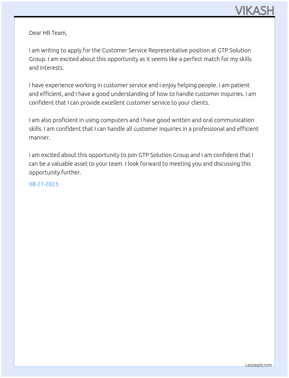 Customer Service Representative  At GTP Solution Group Cover Letter
