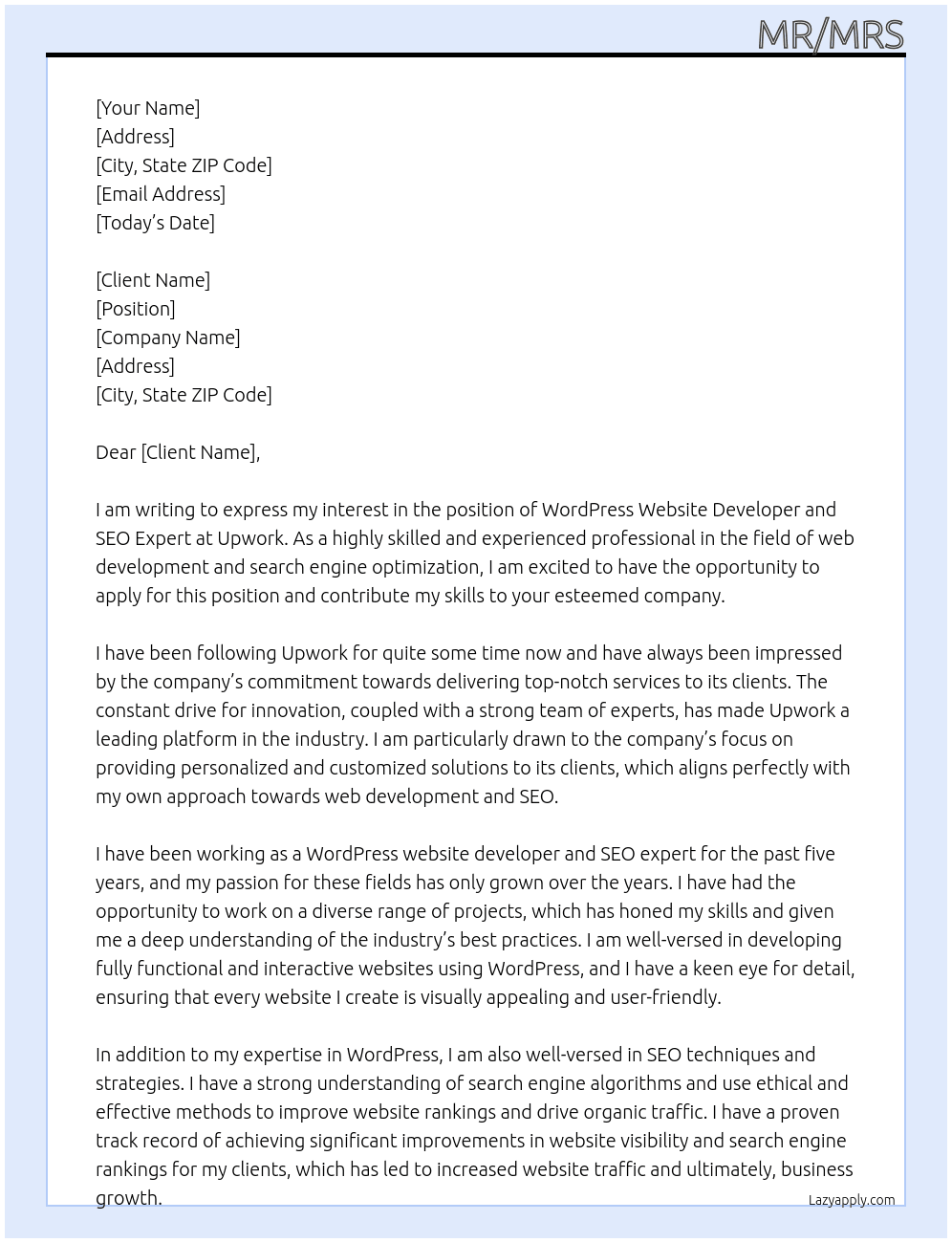 Cover letter for wordpress website developer and seo expert - LazyApply