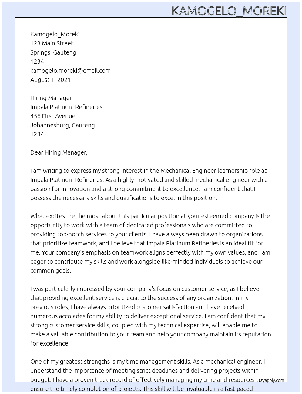 mechanical engineer At impala plantinum Refineries Cover Letter