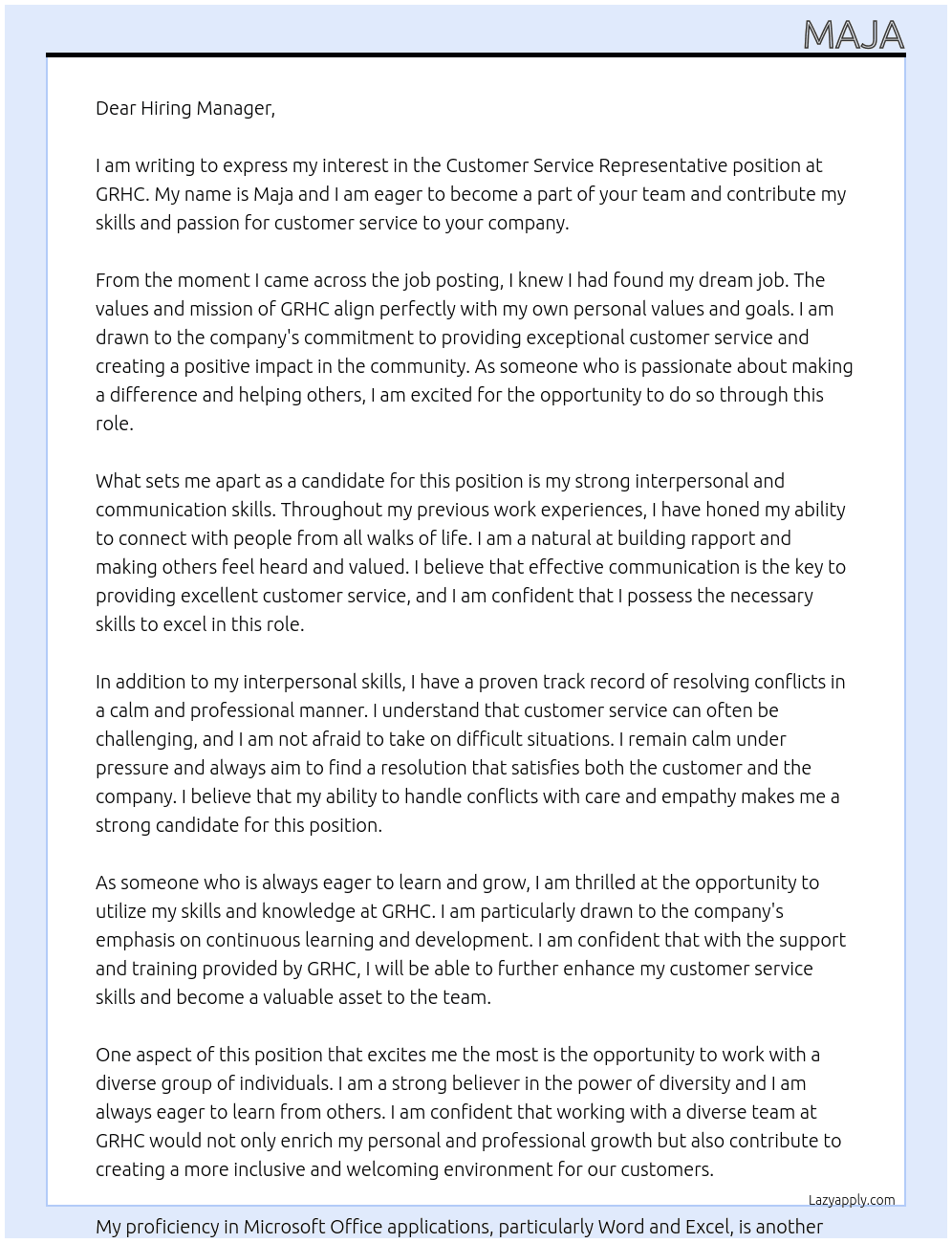 customer service representative At GRHC Cover Letter