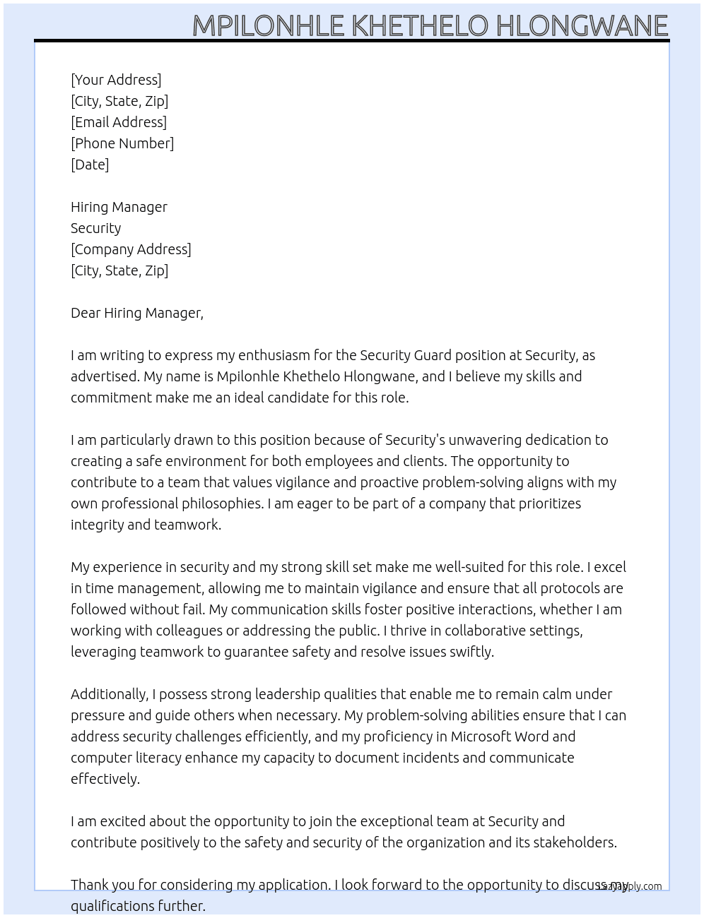 Security guard At Security  Cover Letter