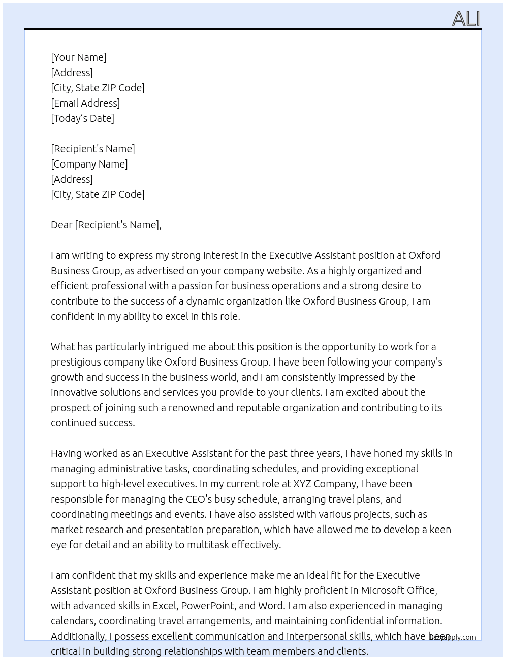 Executive assistant  At Oxford business group  Cover Letter