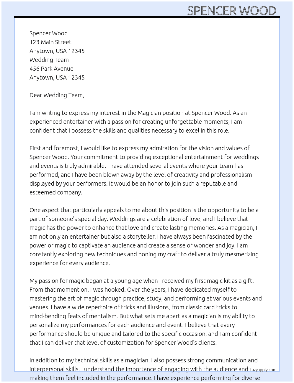 Magician  At Spencer Wood  Cover Letter