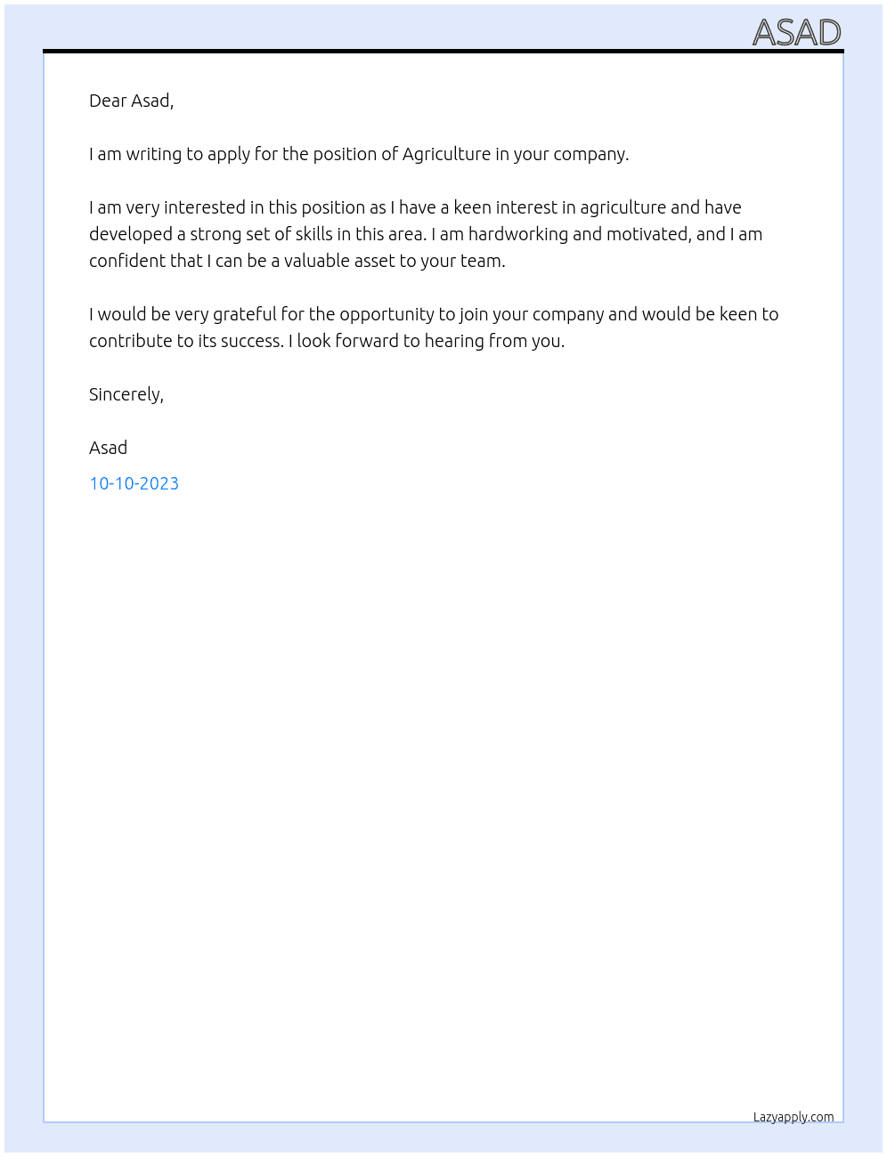 agriculture  At asad Cover Letter