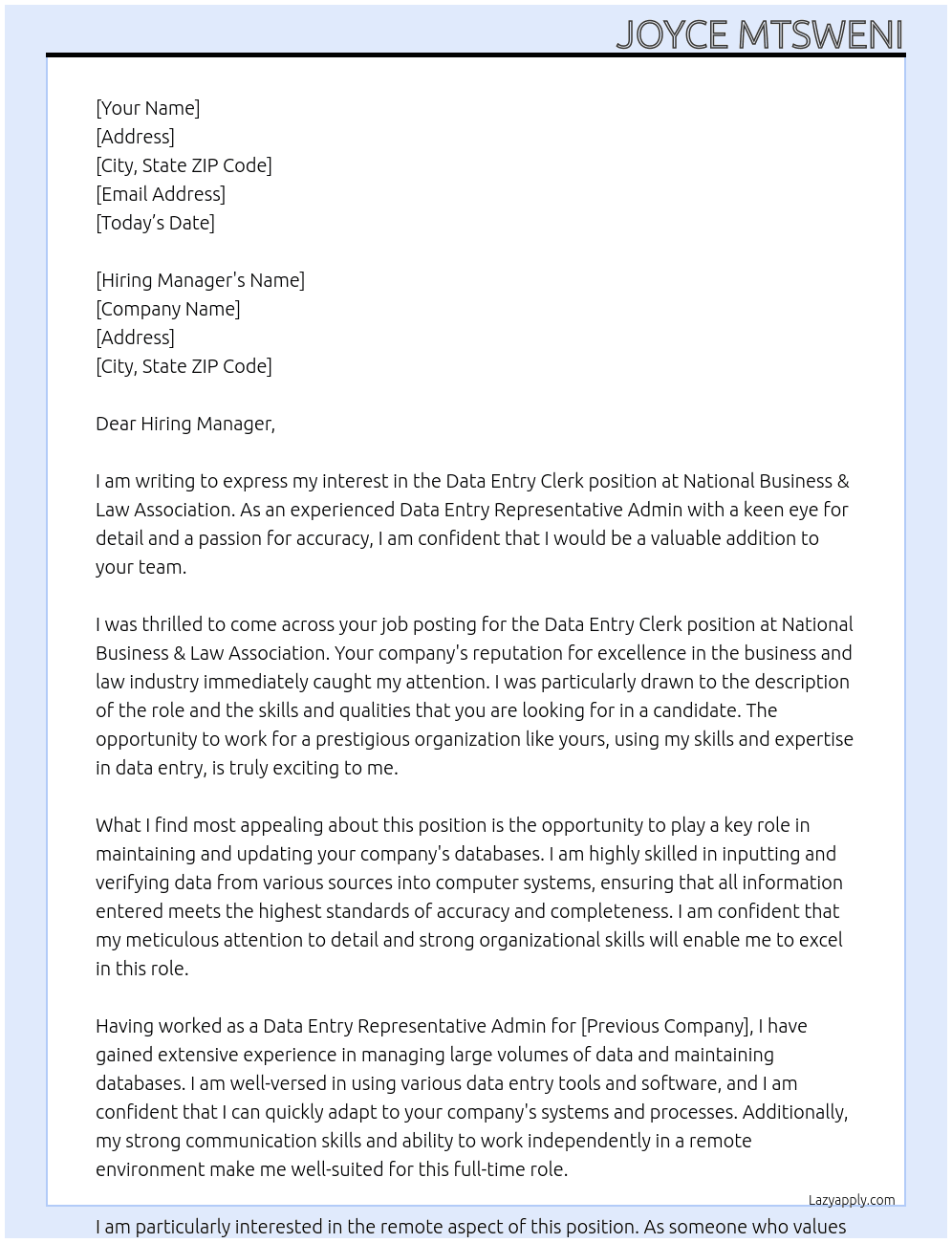 data entry c;erk At National Business & Law Association Cover Letter