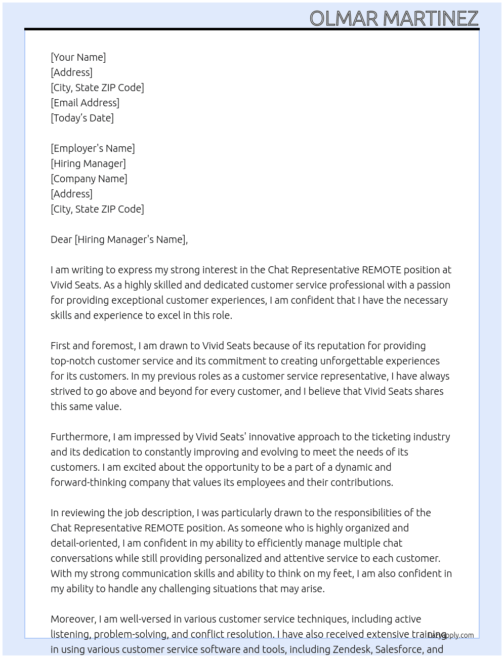 Chat Representative REMOTE At vivid seats Cover Letter