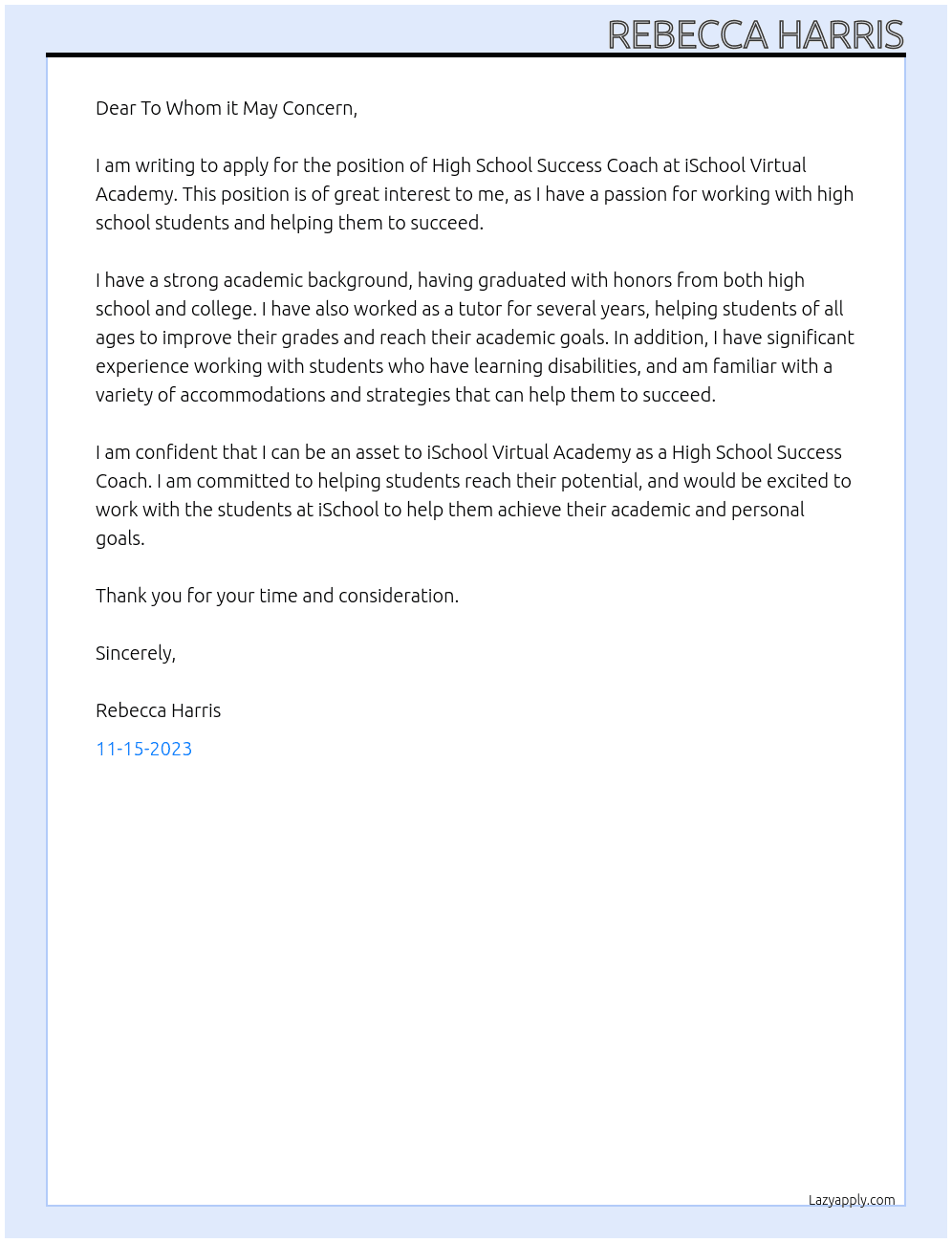 High School Success Coach At iSchool Virtual Academy Cover Letter