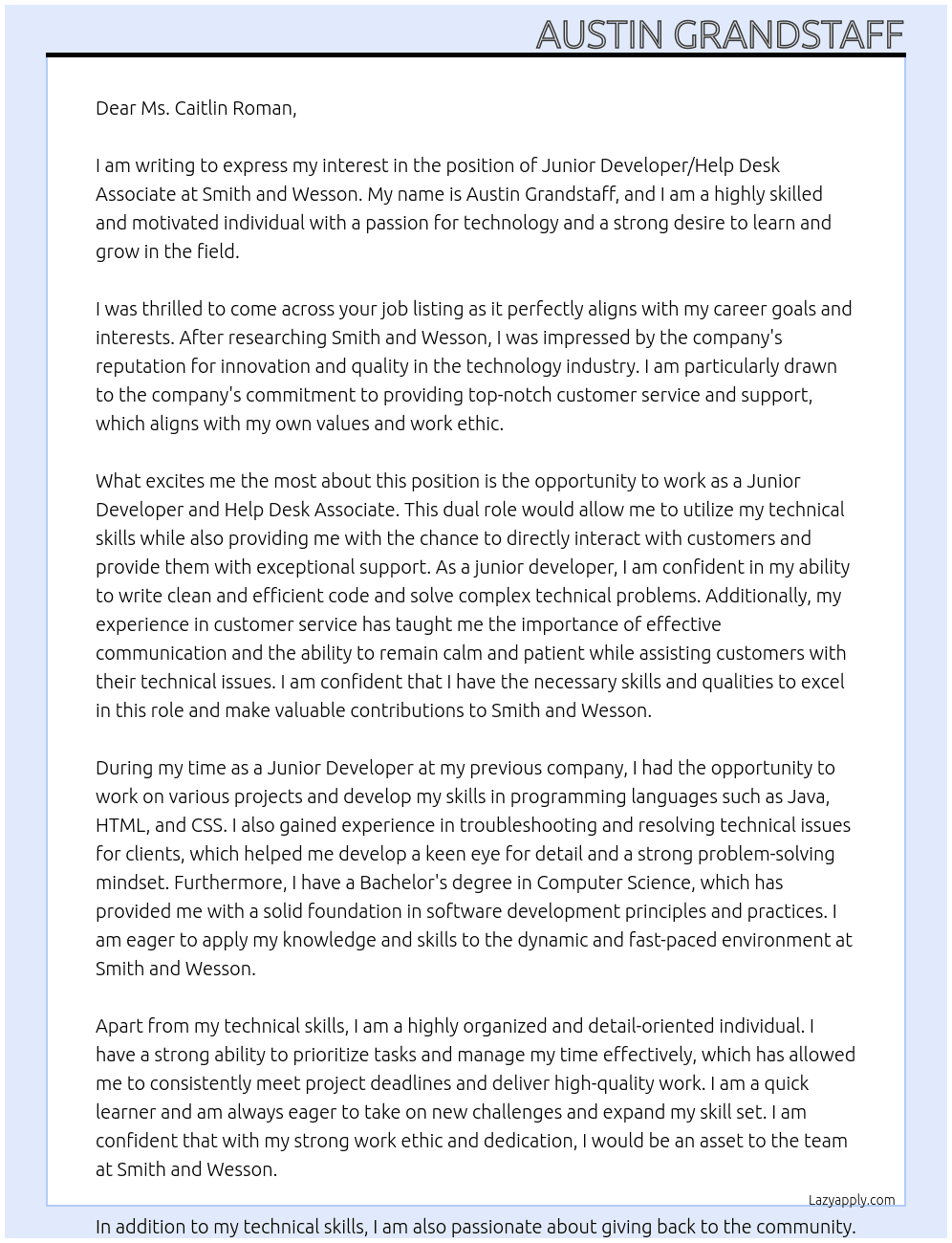 Junior Developer/ Help Desk Associate At Smith and Wesson Cover Letter
