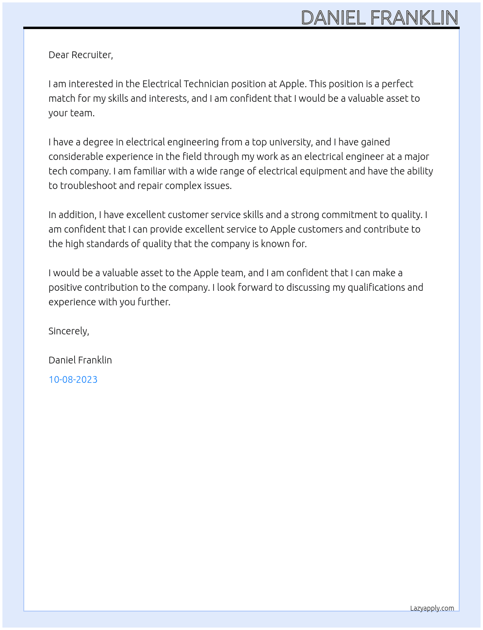 Electrical Technician At Apple Cover Letter