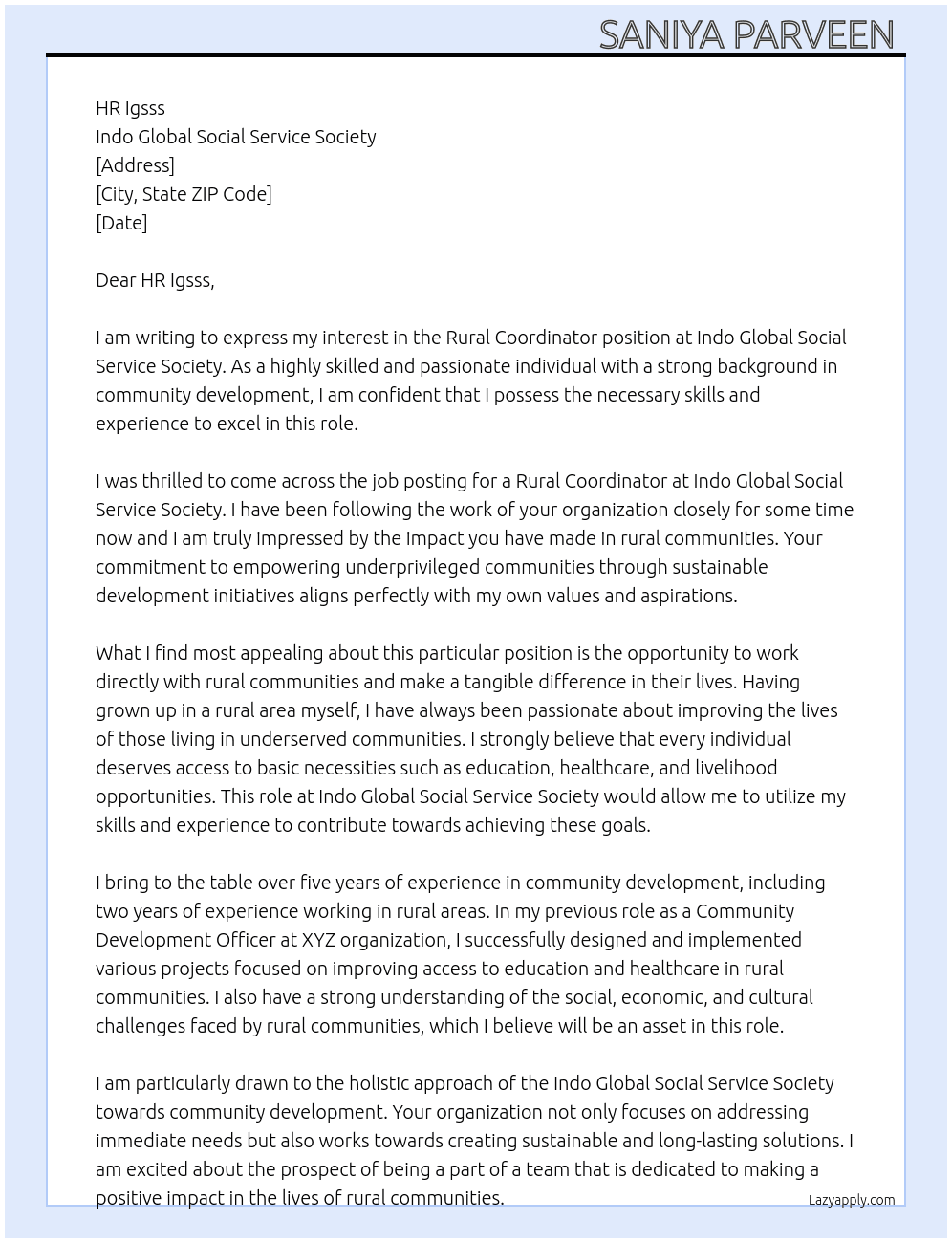 Rural coordinator  At Indo global social service society  Cover Letter