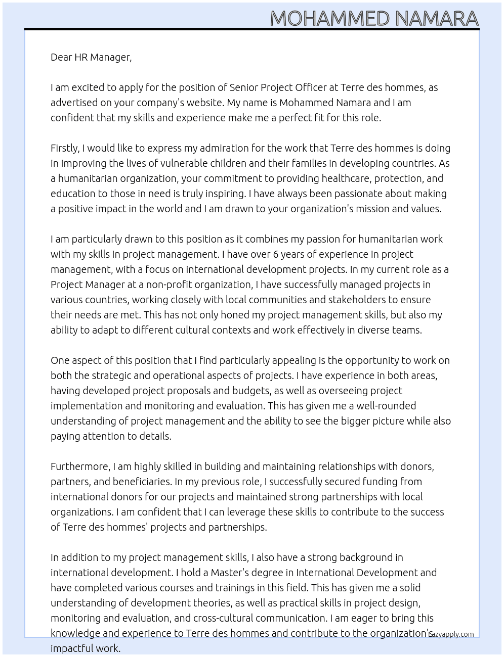 Senior Project Officer At Terre des hommes - Switzerland  Cover Letter