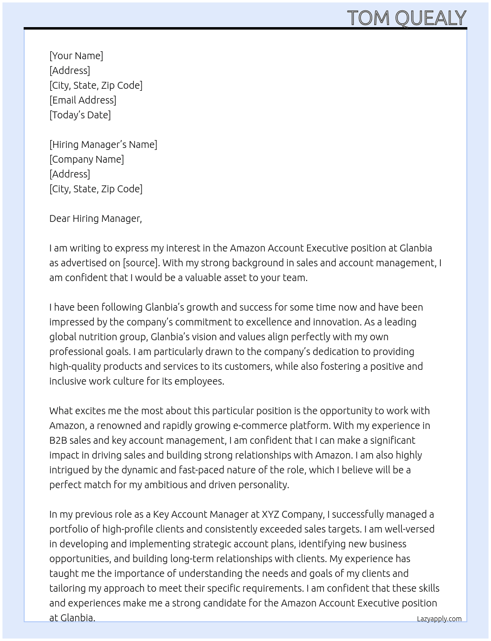 Amazon Account Executive At Glanbia Cover Letter