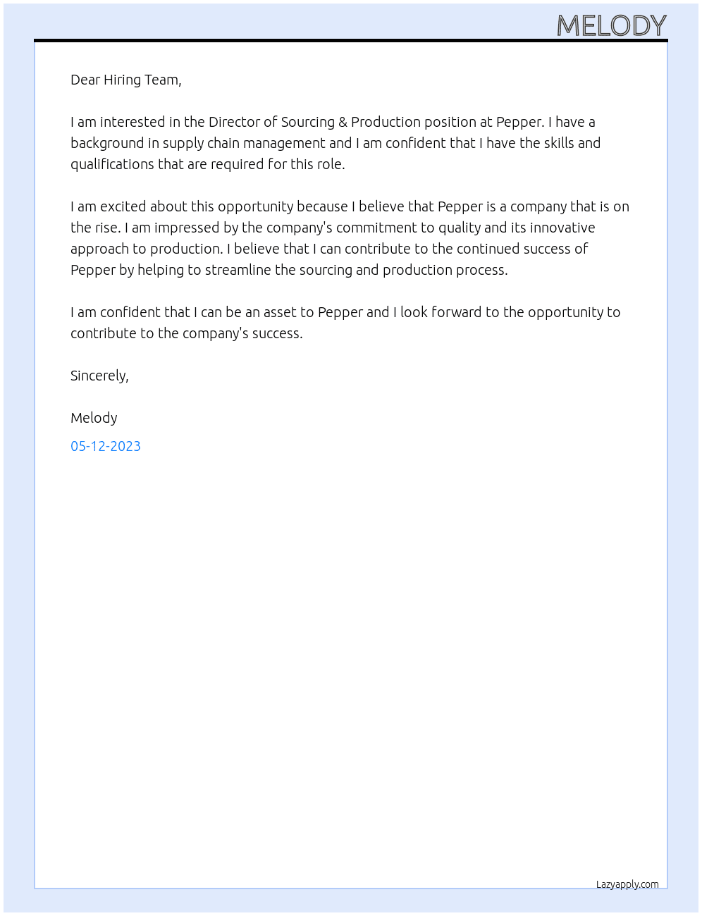 Director of Sourcing & Production At Pepper Cover Letter