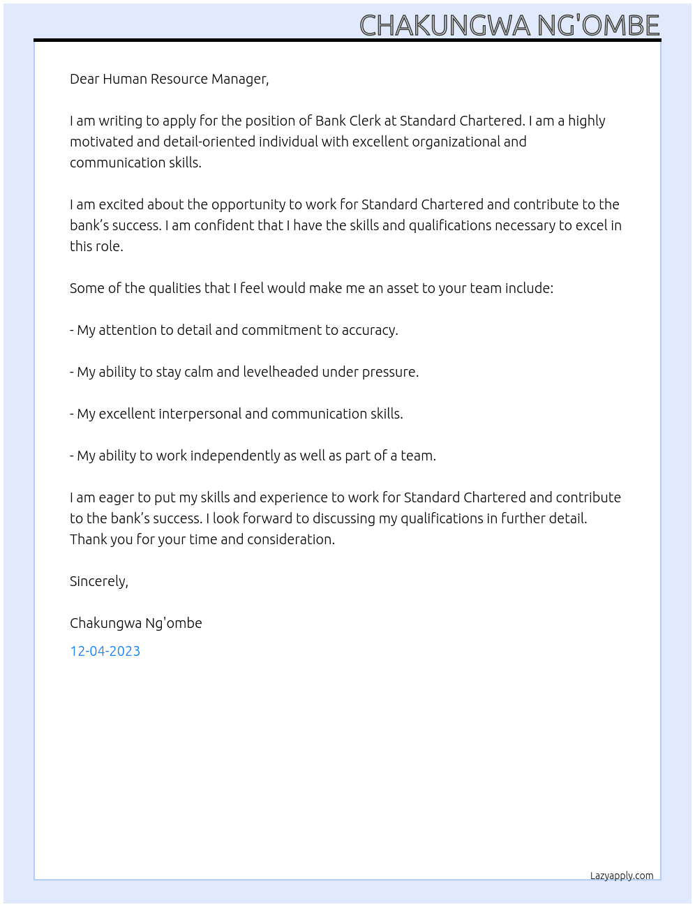 Bank Clerk At Standard Chartered  Cover Letter