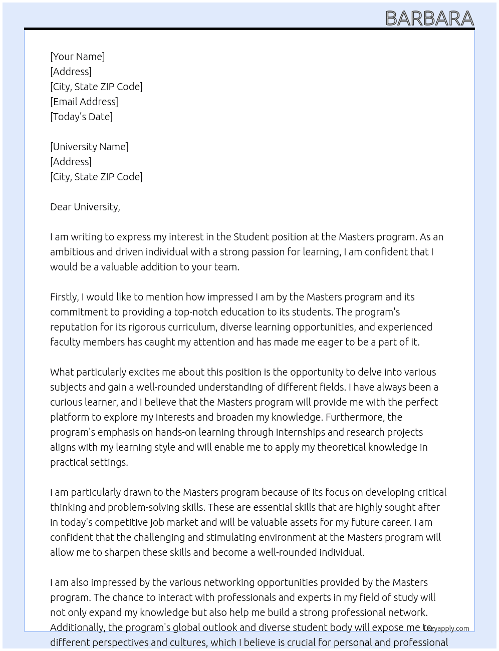 Student  At Masters program  Cover Letter