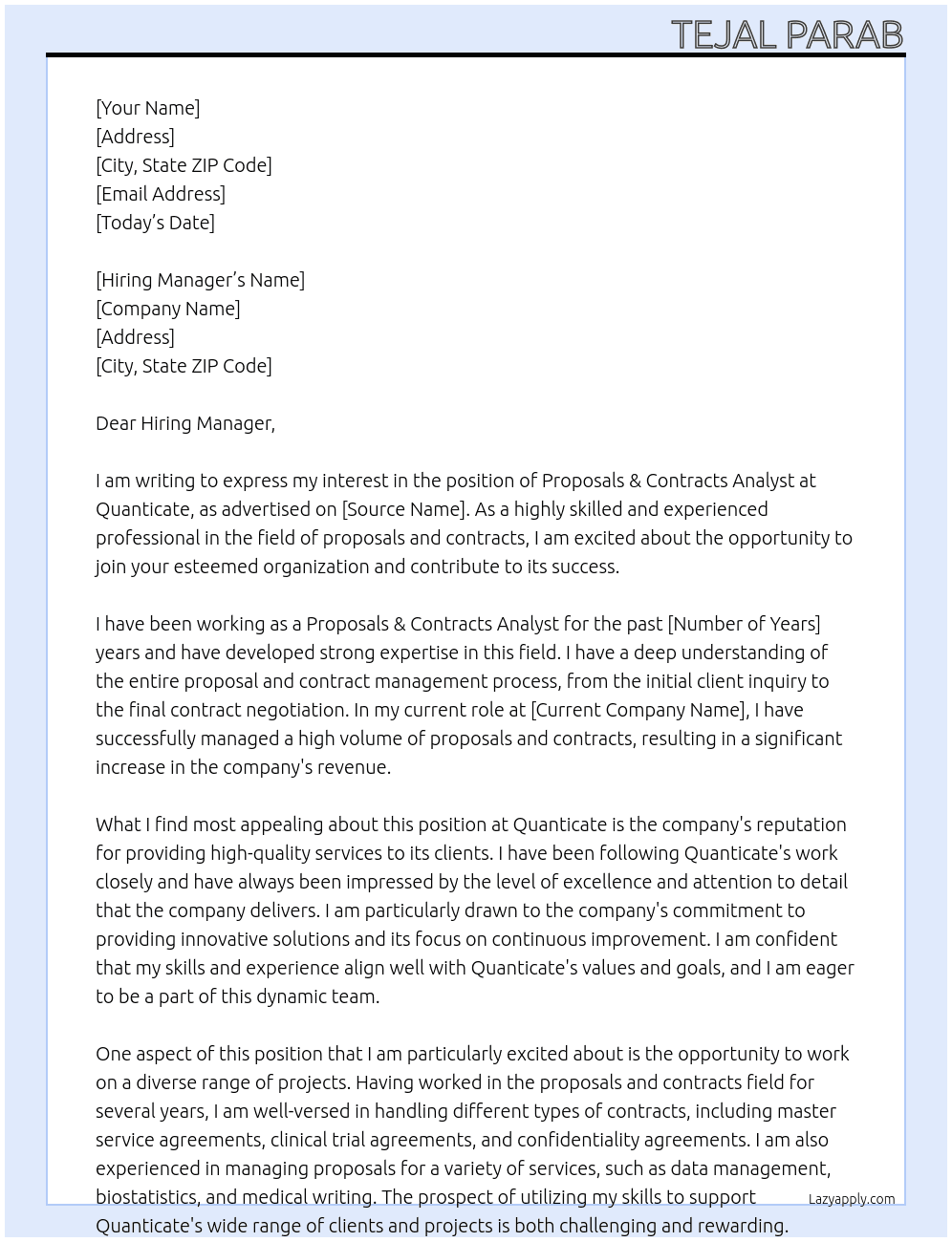 Proposals & Contracts Analyst At Quanticate Cover Letter