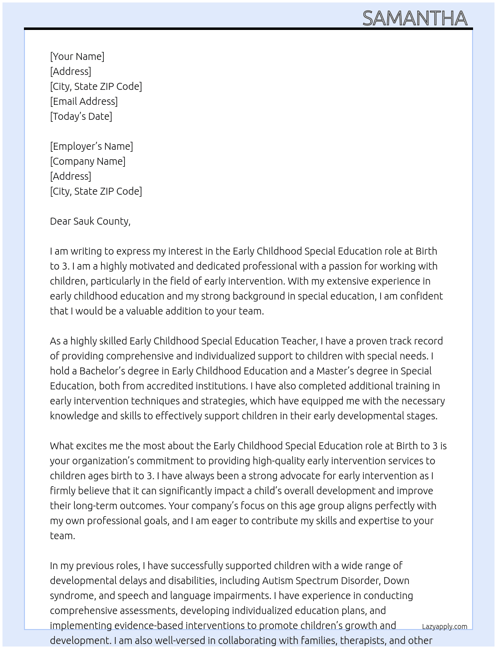 Early Childhood Special Education  At Birth to 3 Cover Letter