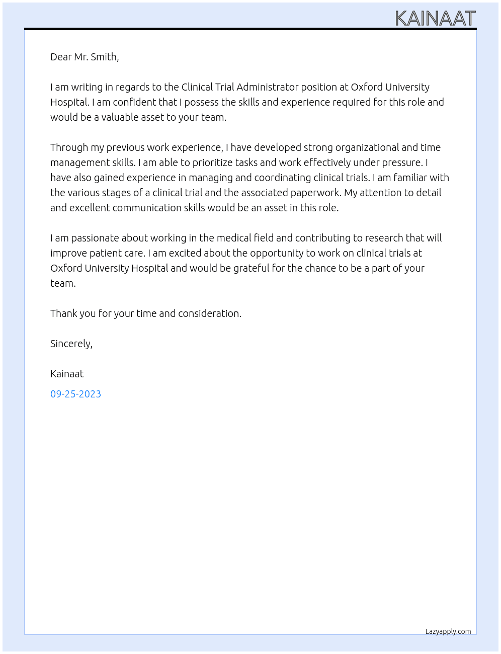 Clinical Trial Administrator At Oxford University Hospital Cover Letter