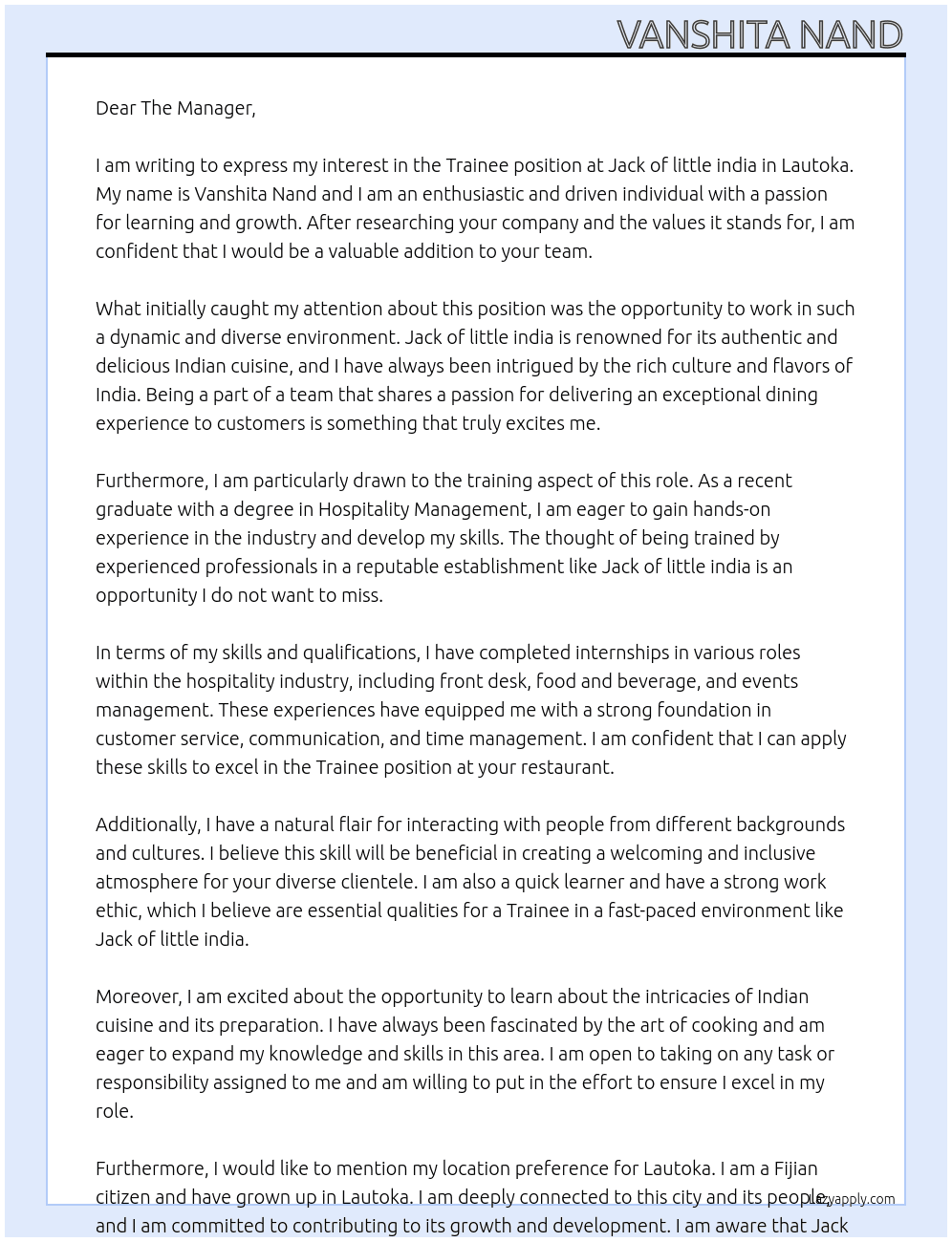Trainee  At Jack of little india Cover Letter