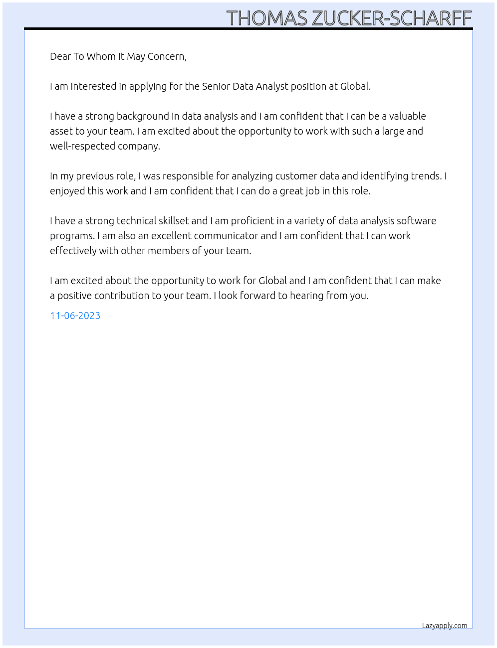 Senior Data Analyst At Global Cover Letter