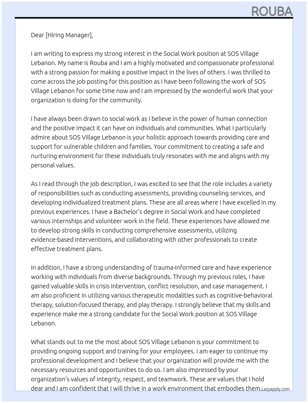 social work At sos village lebanon Cover Letter