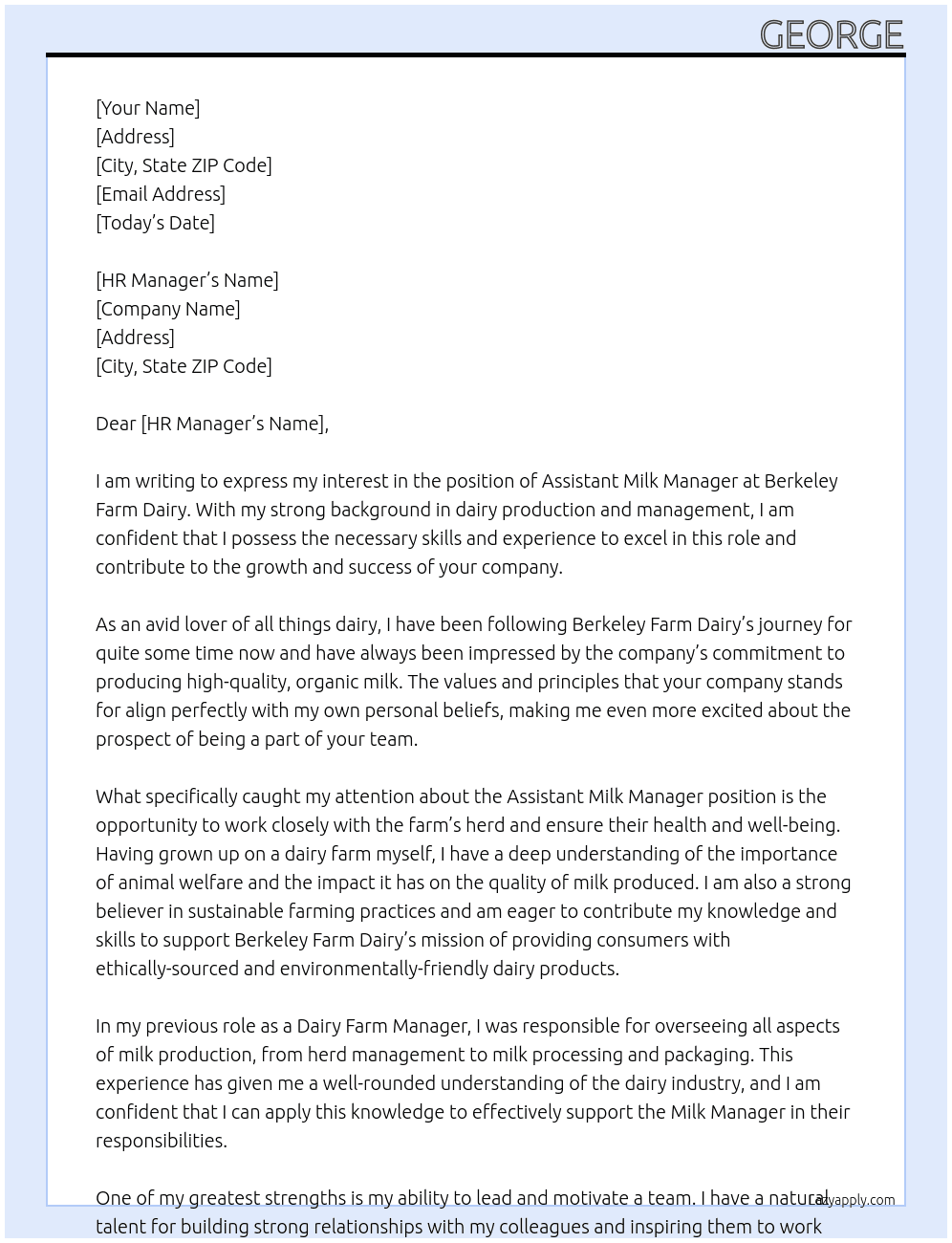 Assistant milk manager At Berkeley Farm dairy  Cover Letter