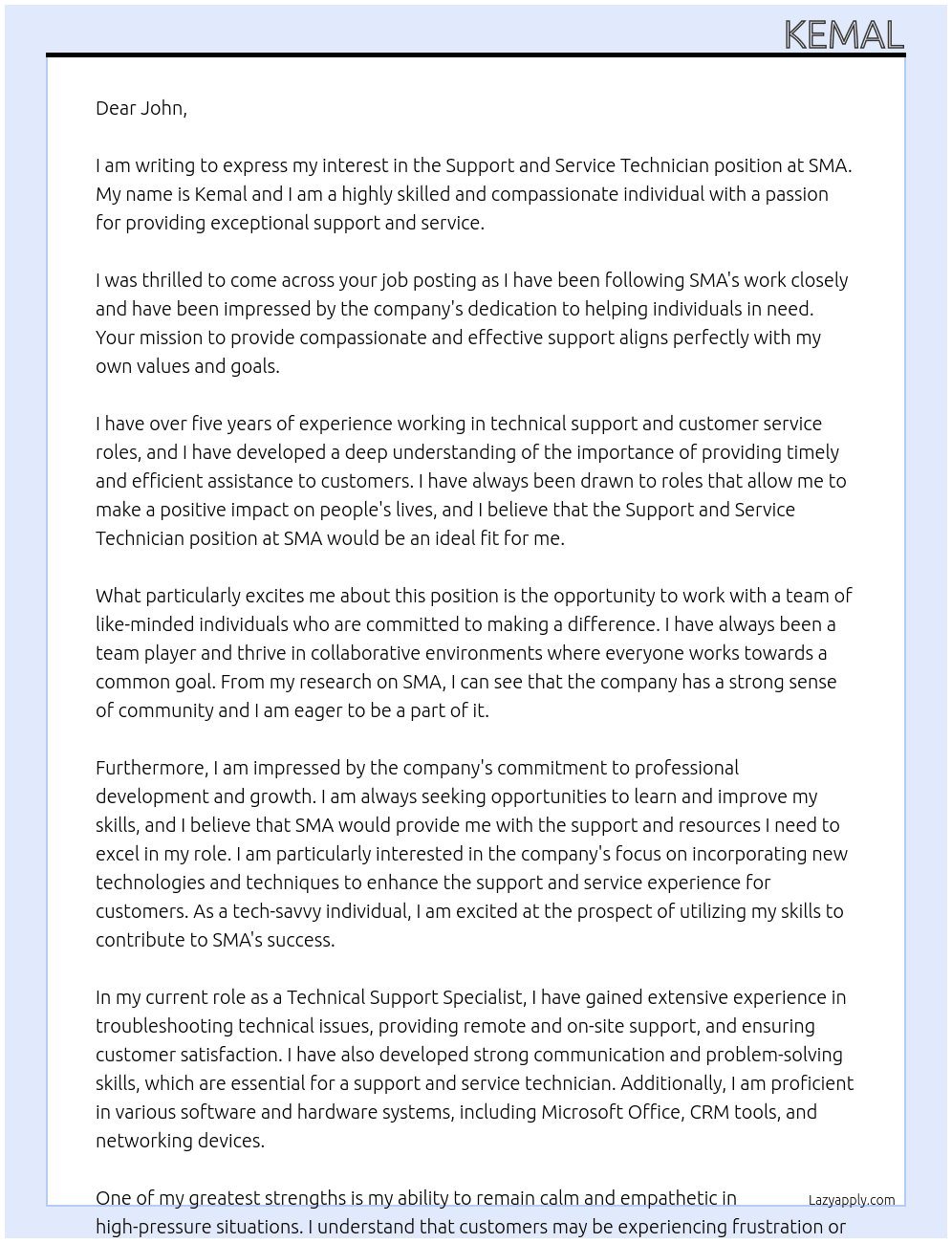 support and service technicher At sma Cover Letter