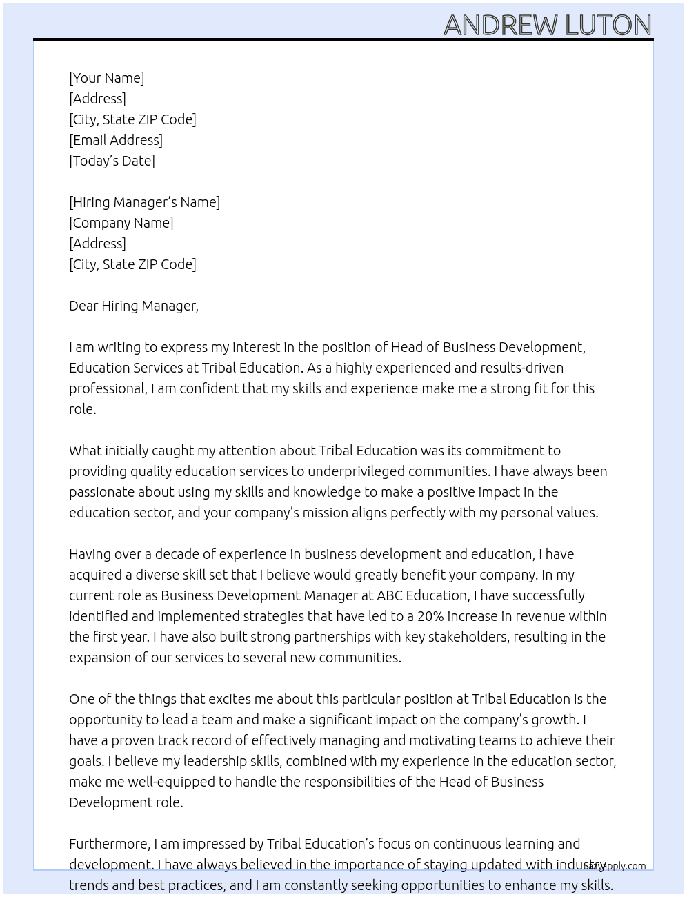 Head of Business Development, Education Services At Tribal Education  Cover Letter