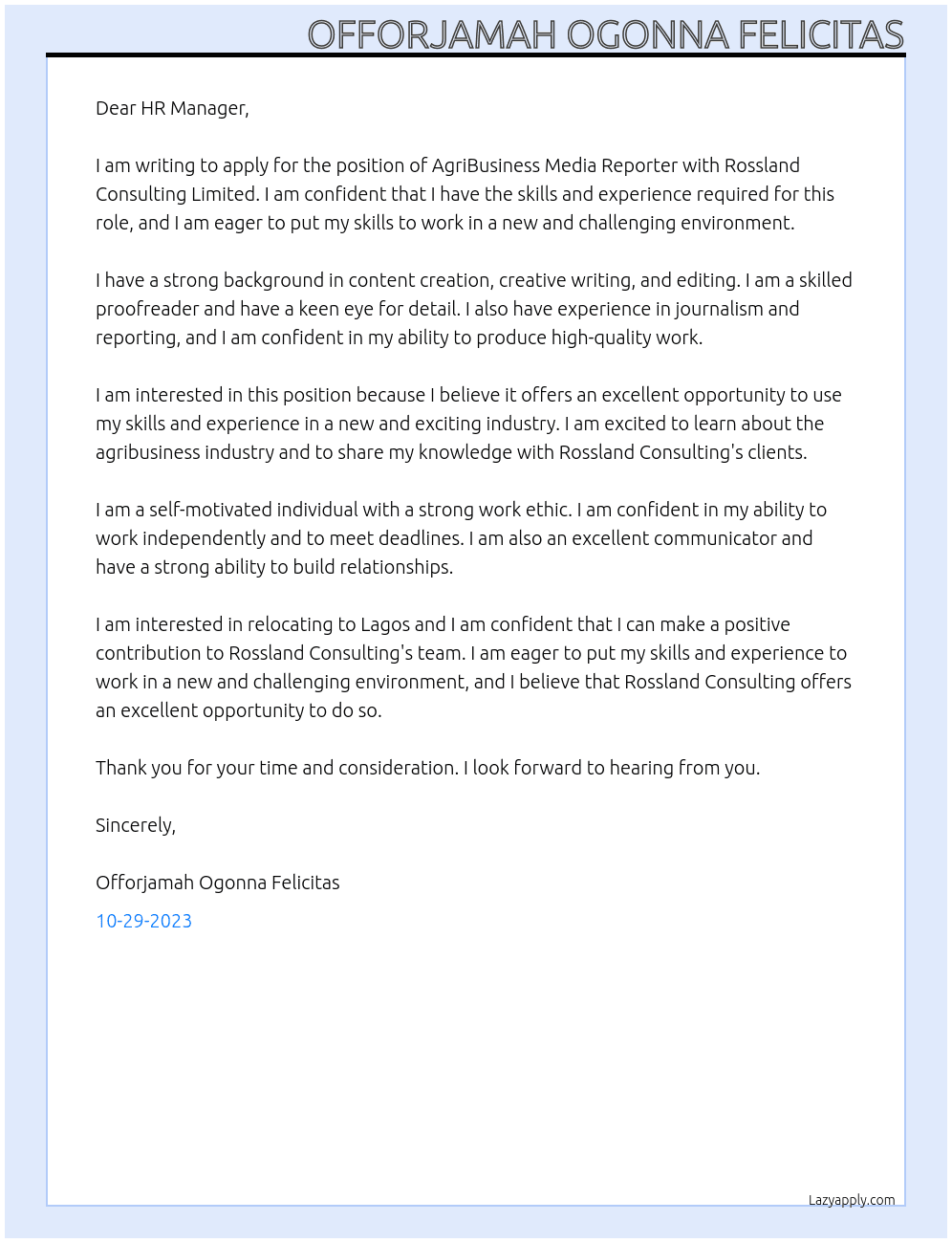 AgriBusiness Media Reporter At Rossland Consulting Limited Cover Letter