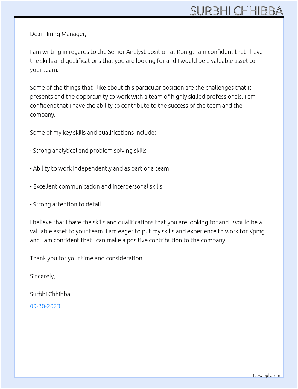 Senior Analyst At Kpmg Cover Letter