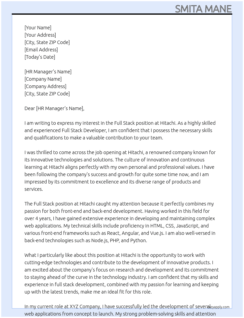 Full stack  At Hitachi  Cover Letter