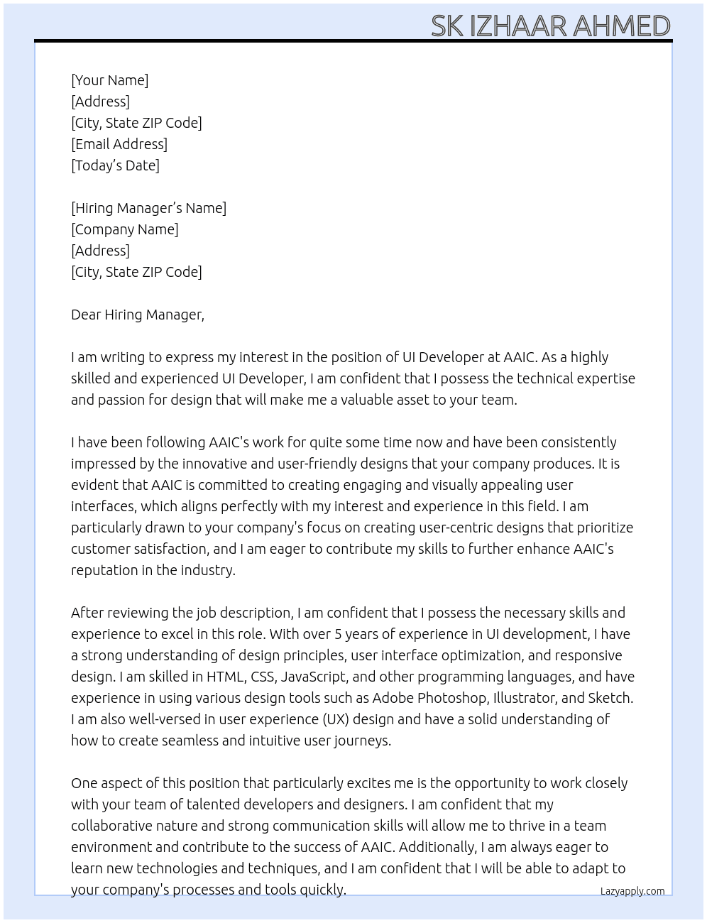 UI Developer  At AAIC Cover Letter