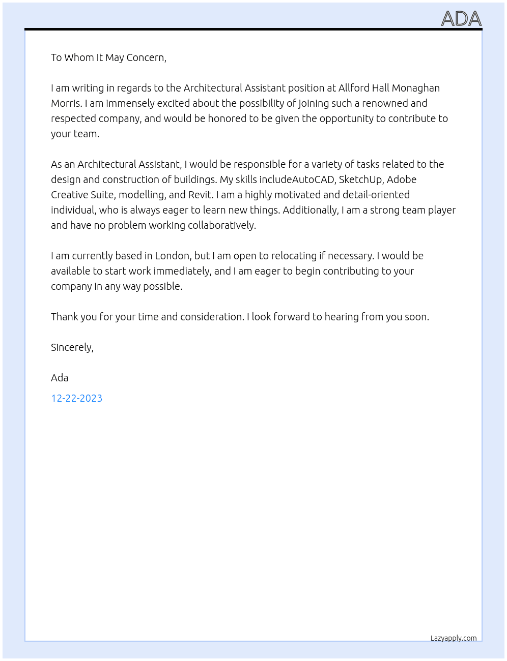 Architectural assistant  At Allford Hall Monaghan Morris Cover Letter
