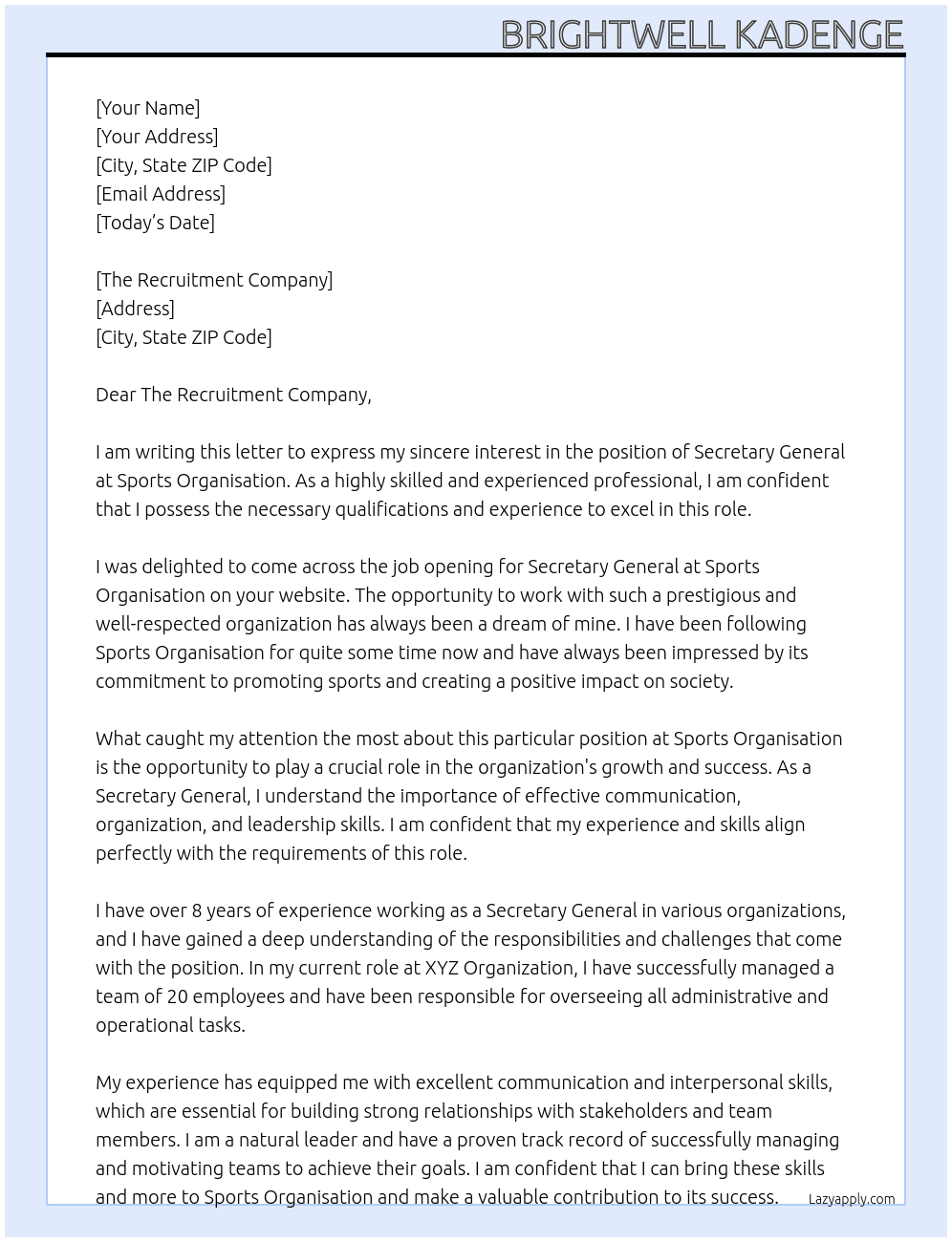 Secretary General At Sports Organisation Cover Letter