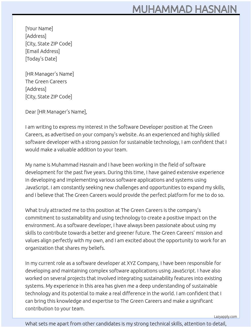 software developer At The Green Careers Cover Letter