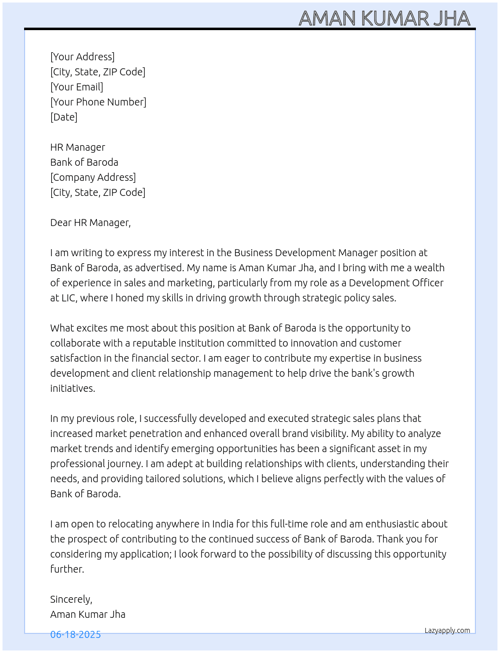 Business development manager At Bank of Baroda Cover Letter
