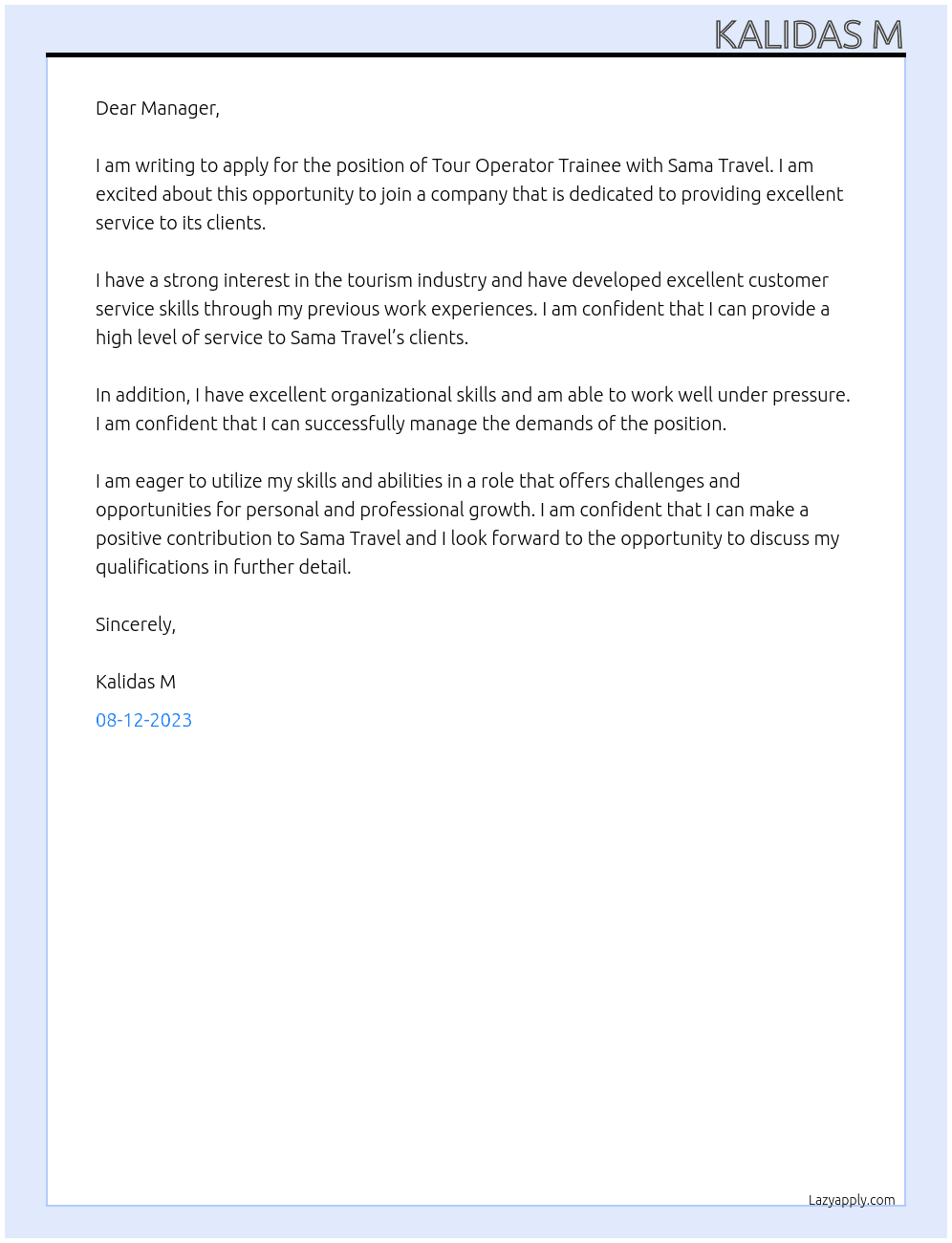 Tour operator Trainee At Sama Travel Cover Letter