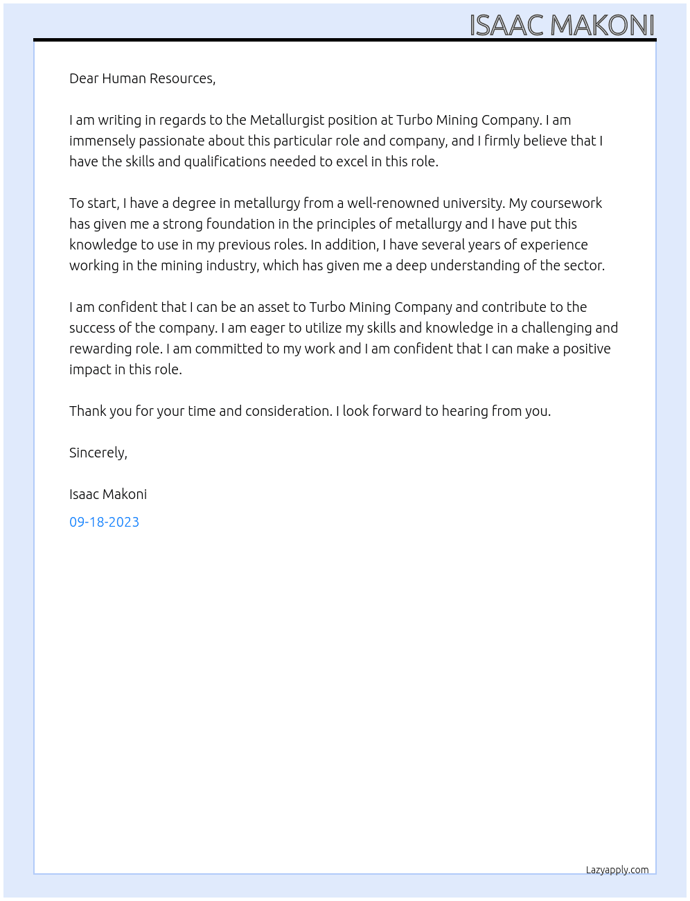 Metallurgist  At Turbo Mining Company Cover Letter