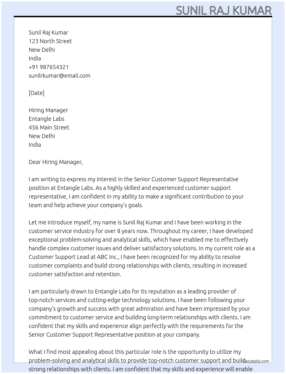 Sr Customer Support Representative At Entangle Labs Cover Letter