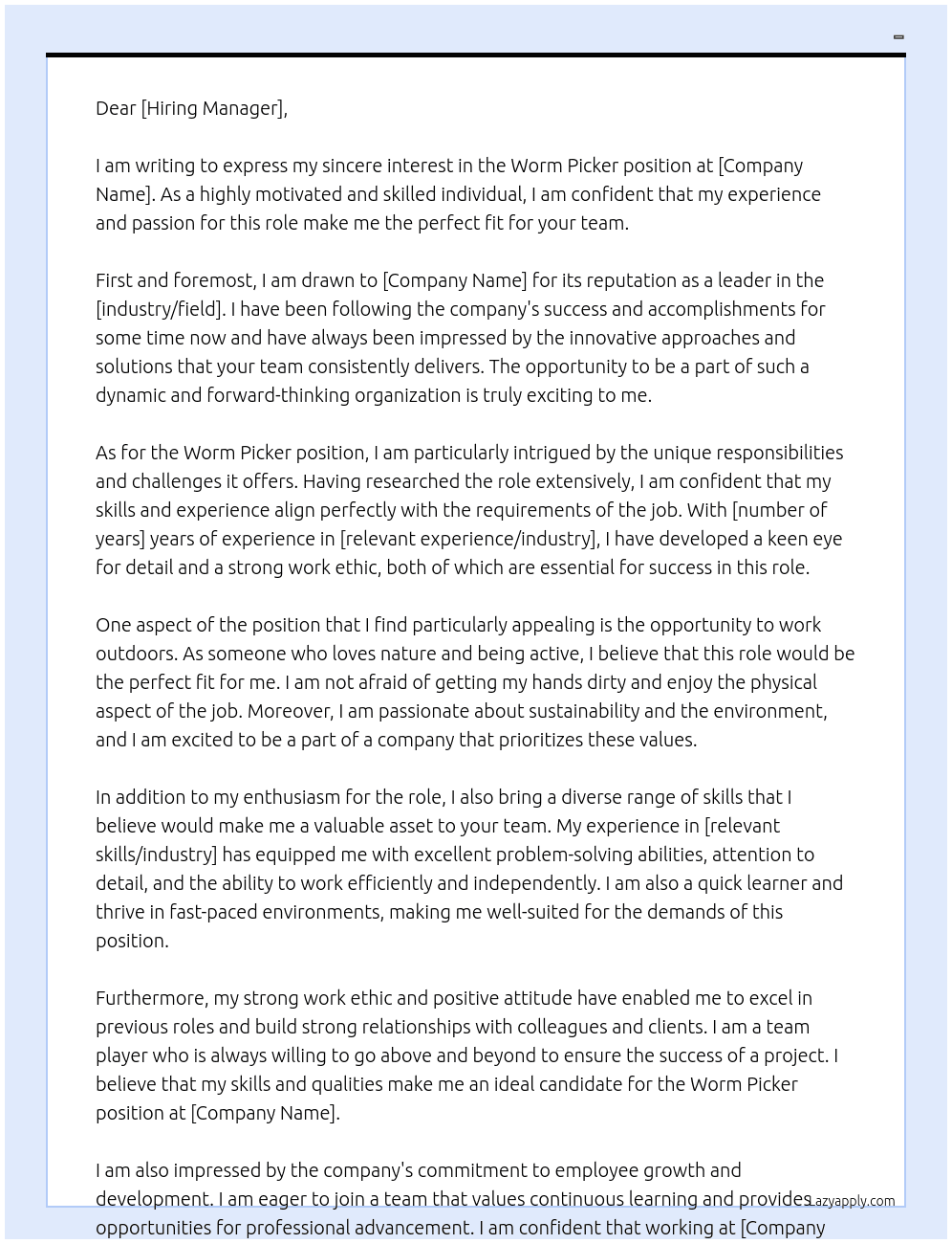 Cover letter for worm picker - LazyApply