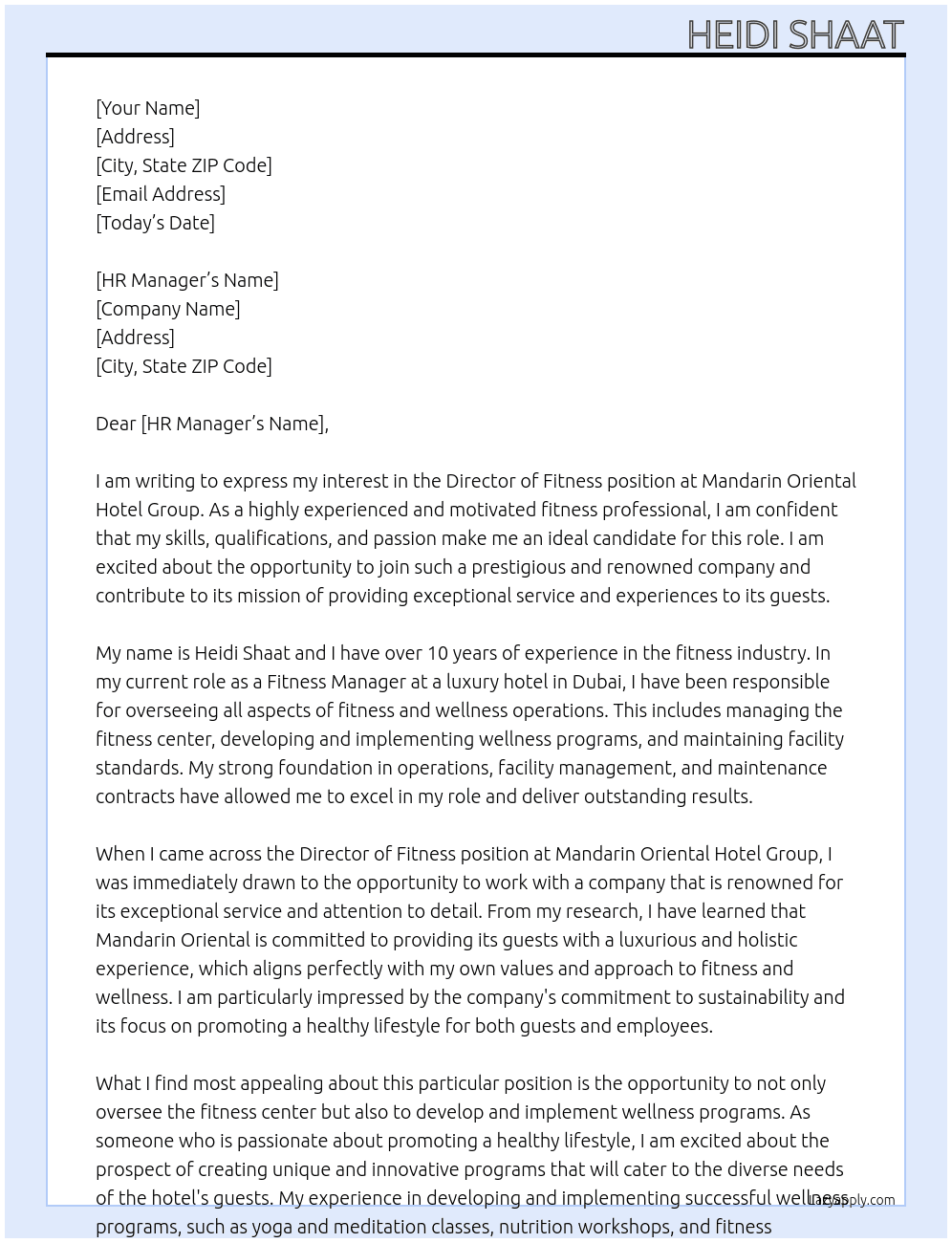 Director of fitness At Mandarin Oriental Hotel Group Cover Letter