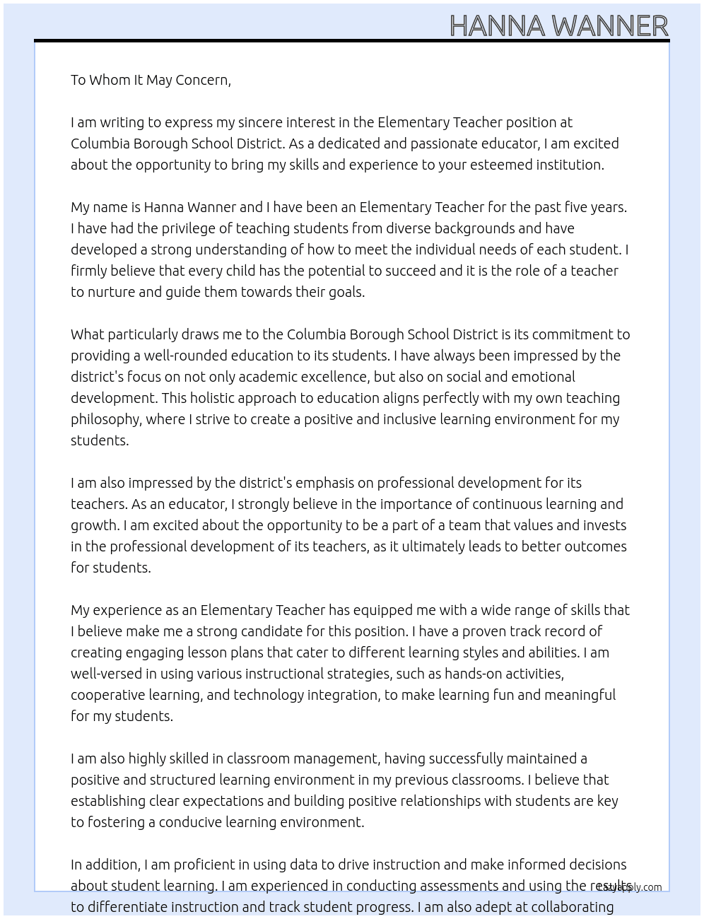 Elementary Teacher At Columbia Borough School District Cover Letter