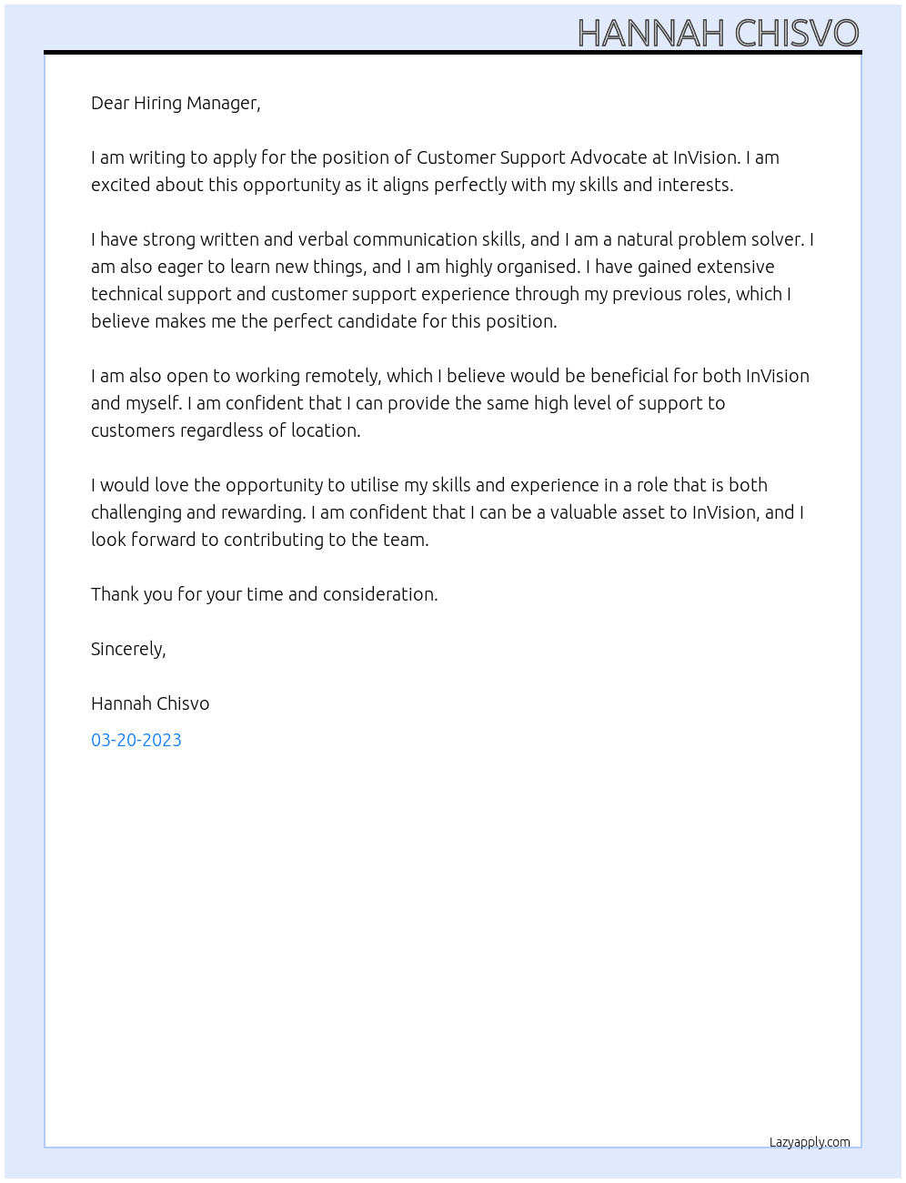 Customer Support Advocate At InVision Cover Letter